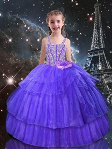Eggplant Purple Sleeveless Floor Length Beading and Ruffled Layers Lace Up Little Girl Pageant Gowns