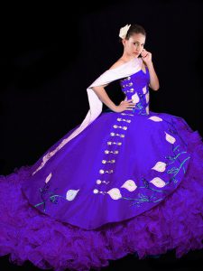 Purple Ball Gowns Sweetheart Sleeveless Organza Brush Train Lace Up Embroidery and Ruffles Sweet 16 Dresses