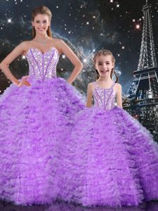 Pretty Lavender Sweetheart Lace Up Beading and Ruffles Quinceanera Dress Sleeveless