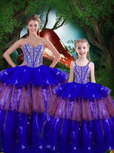 Fine Royal Blue Quince Ball Gowns Military Ball and Sweet 16 and Quinceanera with Beading and Ruffled Layers Sweetheart Sleeveless Lace Up