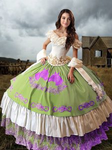 Custom Design Multi-color Taffeta Lace Up Off The Shoulder Sleeveless Quinceanera Dress Brush Train Embroidery and Ruffled Layers