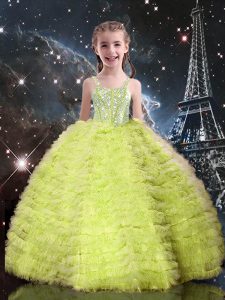 Customized Tulle Straps Sleeveless Lace Up Beading and Ruffled Layers Child Pageant Dress in Yellow Green