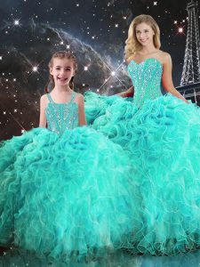 On Sale Turquoise Organza Lace Up Sweetheart Sleeveless Floor Length Sweet 16 Dresses Beading and Ruffles