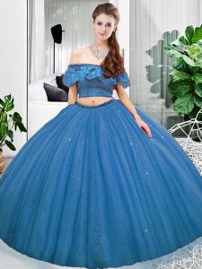 Pretty Floor Length Blue Ball Gown Prom Dress Organza Sleeveless Lace