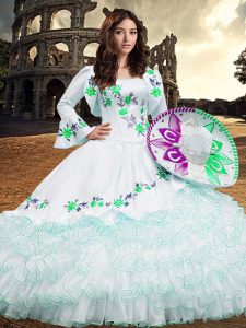 Long Sleeves Lace Up Floor Length Embroidery and Ruffled Layers Ball Gown Prom Dress