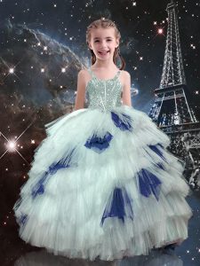 Dazzling White Straps Lace Up Beading and Ruffled Layers Kids Pageant Dress Sleeveless