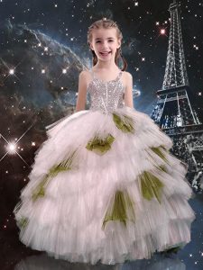 White Ball Gowns Straps Sleeveless Tulle Floor Length Lace Up Beading and Ruffled Layers Little Girls Pageant Dress Wholesale