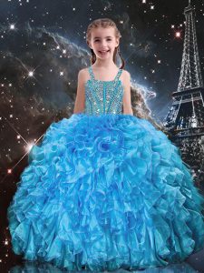 Baby Blue Lace Up Straps Beading and Ruffles Kids Formal Wear Organza Sleeveless