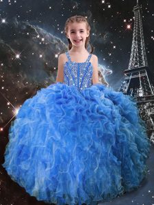 Beading and Ruffles Child Pageant Dress Baby Blue Lace Up Sleeveless Floor Length