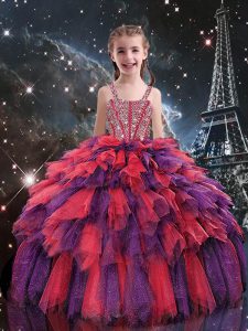 Coral Red Tulle Lace Up Straps Sleeveless Floor Length Pageant Gowns For Girls Beading and Ruffles