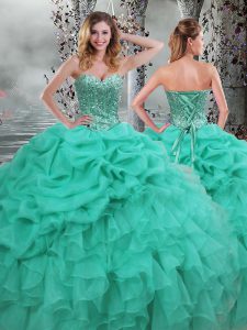 High Quality Turquoise Ball Gowns Organza Sweetheart Sleeveless Beading and Ruffles Floor Length Lace Up Vestidos de Quinceanera