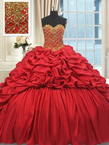 Sleeveless Taffeta Brush Train Lace Up Vestidos de Quinceanera in Red with Beading and Pick Ups