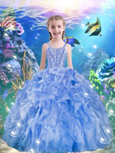 Straps Sleeveless Pageant Gowns For Girls Floor Length Beading and Ruffles Light Blue Organza