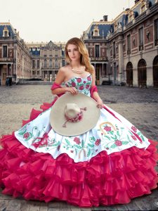 Sweetheart Sleeveless Sweet 16 Quinceanera Dress Floor Length Embroidery and Ruffled Layers Fuchsia Organza
