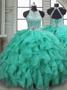 Turquoise Lace Up Vestidos de Quinceanera Beading and Ruffles Sleeveless Brush Train