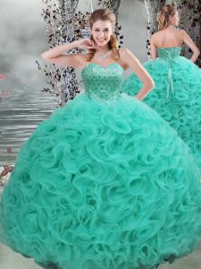 Brush Train Ball Gowns 15th Birthday Dress Turquoise Sweetheart Fabric With Rolling Flowers Sleeveless Lace Up