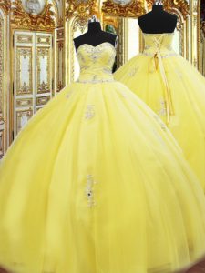 Yellow Sleeveless Tulle Lace Up Quinceanera Dresses for Military Ball and Sweet 16 and Quinceanera