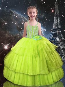 Tulle Sleeveless Floor Length Girls Pageant Dresses and Beading and Ruffled Layers