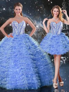 Top Selling Sleeveless Tulle Floor Length Lace Up Quinceanera Dresses in Blue with Beading and Ruffled Layers