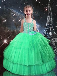 Simple Apple Green Tulle Lace Up Straps Sleeveless Floor Length Little Girls Pageant Dress Beading and Ruffled Layers