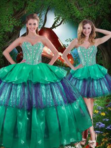 Comfortable Beading and Ruffled Layers Quinceanera Gown Turquoise Lace Up Sleeveless Floor Length