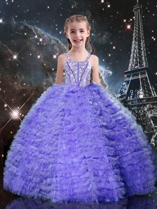 Lavender Tulle Lace Up Kids Formal Wear Short Sleeves Floor Length Beading and Ruffled Layers