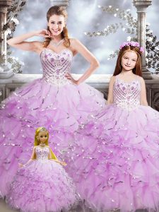 New Style Lilac Sleeveless Beading and Ruffles Floor Length Quinceanera Gown