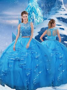 Attractive Baby Blue Sleeveless Beading and Ruffles Floor Length Sweet 16 Quinceanera Dress