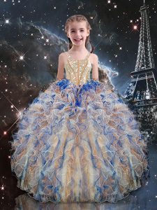 Amazing Sleeveless Organza Floor Length Lace Up Pageant Gowns For Girls in Multi-color with Beading and Ruffles