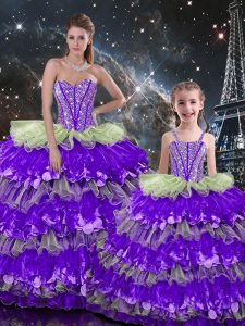 Comfortable Organza Sweetheart Sleeveless Lace Up Beading and Ruffles 15th Birthday Dress in Multi-color