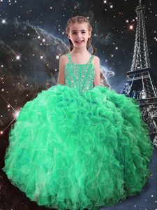 Fantastic Apple Green Lace Up Little Girls Pageant Dress Beading and Ruffles Sleeveless Floor Length