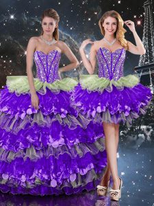 Dynamic Multi-color Ball Gowns Organza Sweetheart Sleeveless Beading and Ruffles and Ruffled Layers Floor Length Lace Up Sweet 16 Dresses