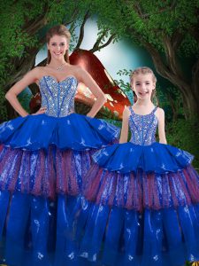 Sleeveless Floor Length Beading and Ruffled Layers Lace Up Sweet 16 Quinceanera Dress with Blue
