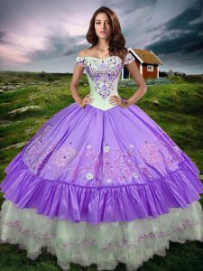 Shining Lavender Lace Up Ball Gown Prom Dress Beading and Embroidery and Ruffled Layers Sleeveless Floor Length