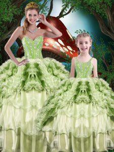 High Class Yellow Green Organza Lace Up 15 Quinceanera Dress Sleeveless Floor Length Beading and Ruffles and Ruffled Layers