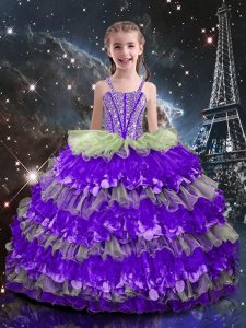 Cute Sleeveless Lace Up Floor Length Beading and Ruffled Layers Child Pageant Dress
