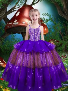 Sleeveless Organza Floor Length Lace Up Pageant Gowns For Girls in Purple with Beading and Ruffled Layers