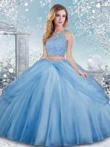Exceptional Floor Length Baby Blue 15 Quinceanera Dress Tulle Sleeveless Beading