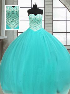 Fancy Tulle Sweetheart Sleeveless Lace Up Beading Quinceanera Gowns in Turquoise