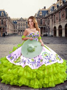 Yellow Green Sleeveless Embroidery and Ruffled Layers Floor Length Quinceanera Gowns