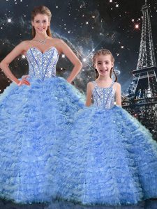 Admirable Blue Tulle Lace Up Ball Gown Prom Dress Sleeveless Floor Length Beading and Ruffles