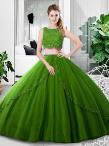 Amazing Olive Green Two Pieces Lace and Ruching Sweet 16 Dress Zipper Tulle Sleeveless Floor Length