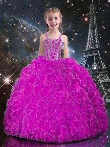 Great Fuchsia Lace Up Kids Pageant Dress Beading and Ruffles Sleeveless Floor Length