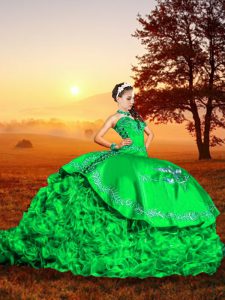 Modest Green Sweetheart Lace Up Embroidery and Ruffles 15 Quinceanera Dress Brush Train Sleeveless