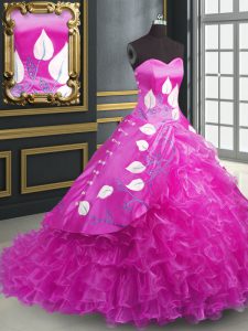 Noble Fuchsia 15 Quinceanera Dress Military Ball and Sweet 16 and Quinceanera with Embroidery and Ruffles Sweetheart Sleeveless Brush Train Lace Up