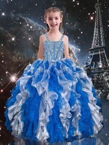 Stunning Beading and Ruffles Little Girls Pageant Dress Blue Lace Up Sleeveless Floor Length
