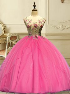 Perfect Rose Pink Lace Up Quinceanera Gowns Appliques Sleeveless Floor Length