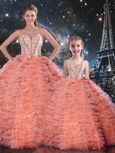 Deluxe Watermelon Red Lace Up Sweetheart Beading and Ruffles 15 Quinceanera Dress Tulle Sleeveless