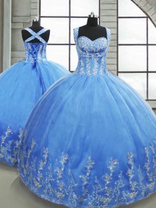 Fantastic Baby Blue Ball Gowns Sweetheart Sleeveless Tulle Floor Length Lace Up Beading and Appliques Quinceanera Gowns