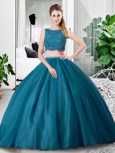 Most Popular Sleeveless Tulle Floor Length Zipper Quinceanera Gowns in Teal with Lace and Ruching